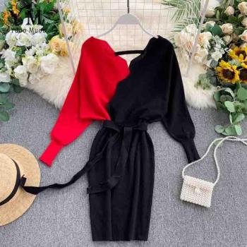 Vestido de Punto para Mujer con Mangas Largas y Cuello en V, Estilo Murciélago, Ceñido, Otoño e Invierno