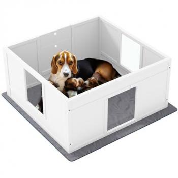 Adjustable Dog Whelping Box with Washable Pad, 100cm x 96cm, Non-Slip Entrance