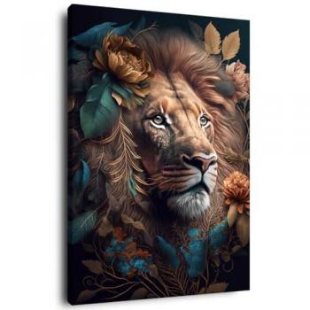 Toile découpée « Lion royal fleuri » 30 × 45 cm, finition bois FSC