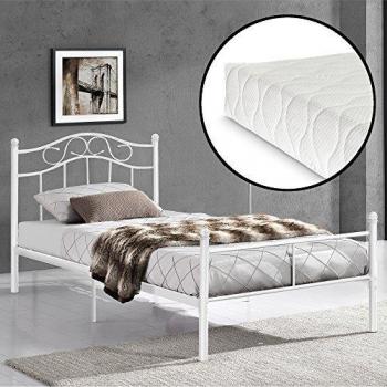 Cadre de lit en métal avec matelas standard en métal acier revêtu par poudre blanche 208 cm EN.CASA