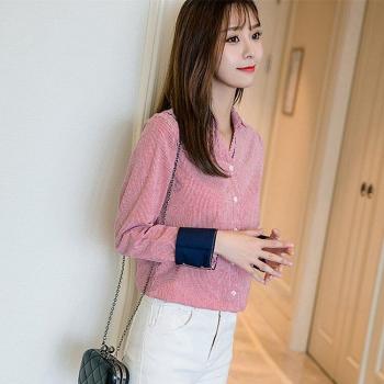 Blusa de algodón a rayas, manga larga, bordado para mujer