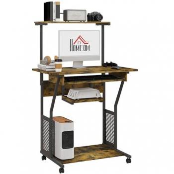 Rustic Brown Rolling Mobile Computer Desk with Keyboard Tray and Storage Shelves