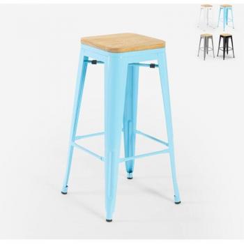 Taburete Azul Industrial con Soporte de Madera y Acero