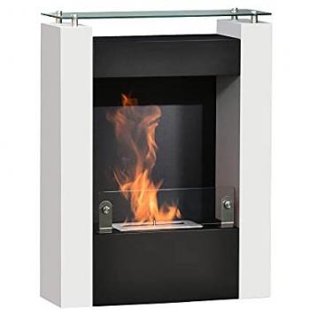 Cheminée bioéthanol contemporaine avec étagère en verre trempé, brûleur 1,5 L et contrôle de flamme, acier noir et blanc