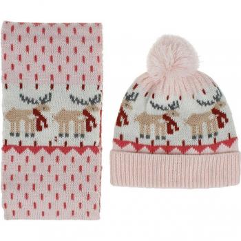 Children's Pom Pom Beanie and Scarf Set with Dinosaur Elk