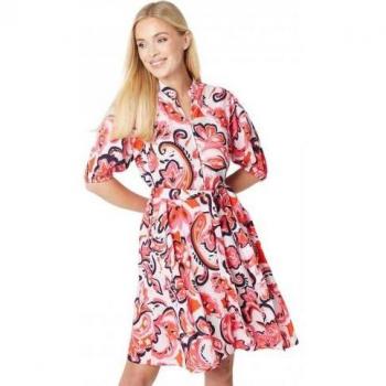 Paisley minijurk voor dames, puffmouwen, petite, roze, UK maat 18