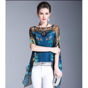 Blusa de verano de seda de gasa para mujer, blusa de oficina de tres cuartos con volantes y cuello redondo, Top T100