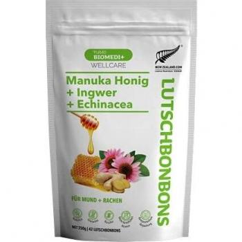 Purao Biomedi+ Manuka Honig Bonbons, 42 Stück, mit Ingwer und Echinacea