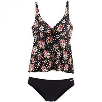 Bügel-Tankini LASCANA Gr. 50, Cup E, schwarz (schwarz, bedruckt), Damen, Polyamid, gepunktet, floral, Bikini-Sets, im angesagten Design