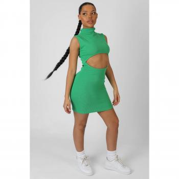 Green Ribbed Mini Dress with Cut Outs (Size UK 8)