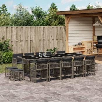 Ensemble de mobilier de jardin 15 pièces, coussins gris, résine tressée