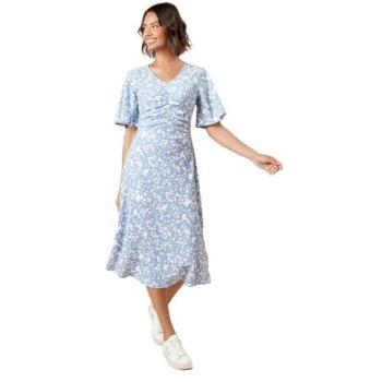 Floral Blue Angel Sleeve Dress (Jersey, Ruched Front) – Dorothy Perkins, 12