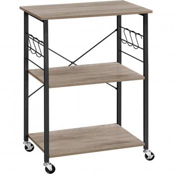 Estantería de Cocina Industrial con Ruedas, Carrito de Servicio de 3 Niveles y 6 Ganchos, Gris y Negro/Marrón Rústico