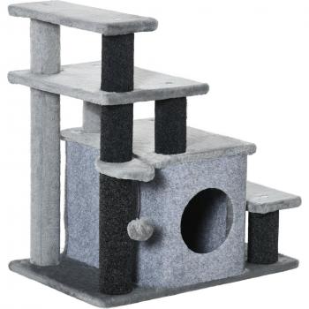PawHut Escalier multi‑niveaux pour chats avec balle, maison, réglage hauteur, noir & gris
