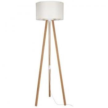 Lampada da terra treppiede in rovere con paralume in tessuto crema