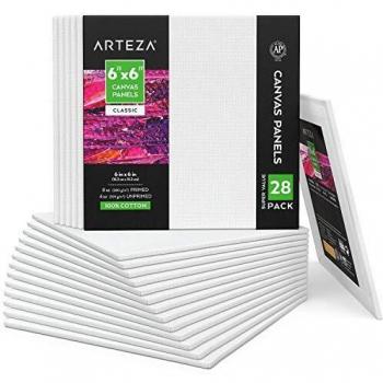 Arteza 15x15 cm Pre-Primed Cotton Canvas Boards, Pack of 28, Ideal for Acrylic/Oil Painting, Art Supplies for Artists & Novices