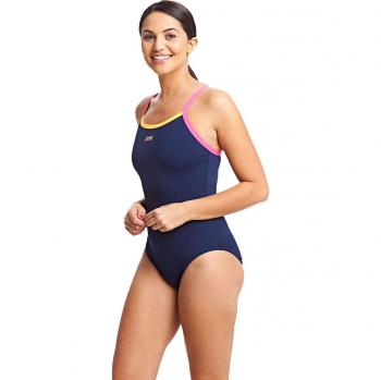 Zoggs Women's Cannon Strikeback Swimsuit, Multicolor (Navy/Funray/Pink), Size 12