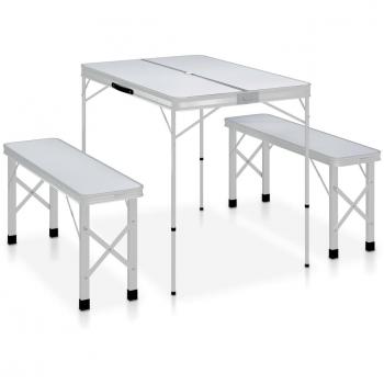 Table de camping avec 2 bancs pliables en aluminium blanc