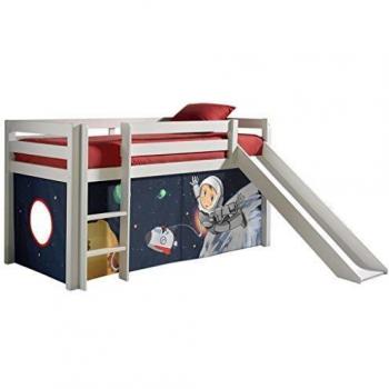 Lit enfant mi-hauteur Spaceman avec toboggan et textile, 90x200 cm, blanc