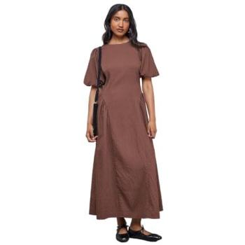 Mid-Length Seersucker Godet Dress in Chocolate, Size 6