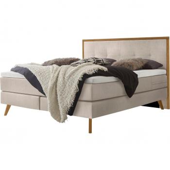 Nordic Komfortbett HASENA – Beige Boxspring mit Eichenholzrahmen und integrierter Topper