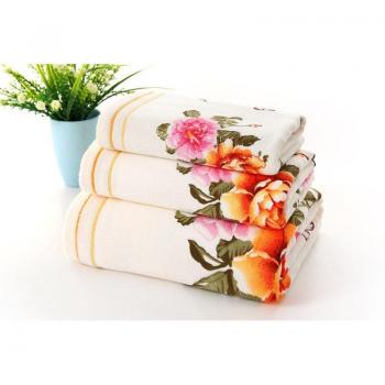 3-Piece Luxury Cotton Towel Set with Peony Design for Women, 34x74cm, Great for Family and Guests