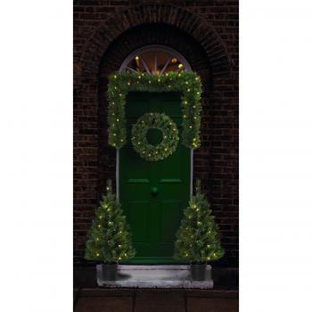 Pre-Lit Christmas Door Decoration Kit with 90cm Trees & Garland and 60cm Wreath (Green)