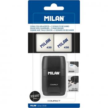 Milan Shadow Compact Eraser/Pencil Sharpener Kit – Black, 2 Recharges – Kids/All Genders