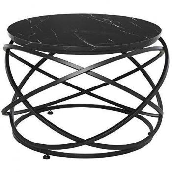 HOMCOM Tavolino da Caffè Rotondo con Piano Effetto Marmo, Struttura in Metallo Nero, Φ65 x 44.5cm