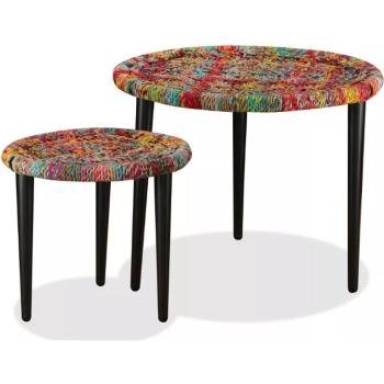 Table Basse Ronde en Tissu Chindi et Métal Noir