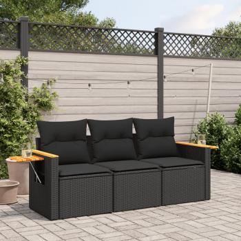 3-Piece Black Rattan Garden Sofa Set with Cushions