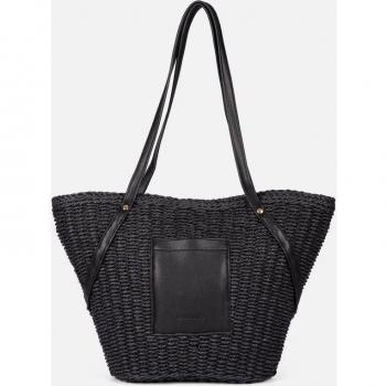 Capazo de Rafia Negro con Asas y Bolsillo Delantero