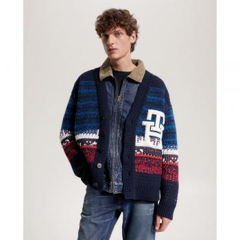 Tommy Hilfiger – pánský tmavě modrý kardigan v pruhovaném provedení se směsí vlny