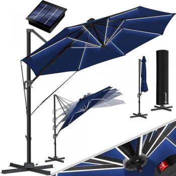 KESSER® Parasol déporté 330 cm, LED solaire 360°, aluminium, housse et manivelle – protection UV bleu