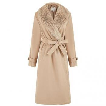 Yumi Beige Fur-Collared Wrap Coat – Cream 12 UK