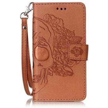 Funda de Cuero Marrón con Cráneo 3D, Billetera Integrada – Sony Xperia X Performance