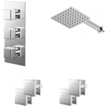 Cubix Polished Chrome Concealed Triple Thermostatic Shower Valve with 200 mm Square Head, 345 mm Wall Arm and 4 Body Jets (2‑Outlet)