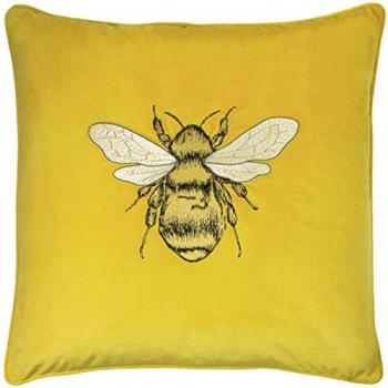 Hortus Embroidered Bee Design Cushion (Velvet, Yellow, 50 cm x 50 cm, Polyester Filled, Pipe Trimmed Edges)