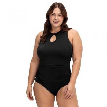 Sheego Badeanzug für große Größen, Cut-out-Design, schwarz, Gr. 56F