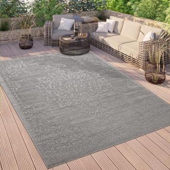 Outdoor Teppich Wetterfest Balkon Orient Muster Vintage Einfarbig Anthrazit, 240x340 cm