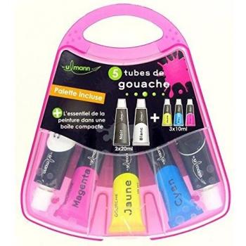 Ulmann Boîte de gouache 5 tubes de couleurs primaires (2x20ml + 3x10ml) avec palette intégrée