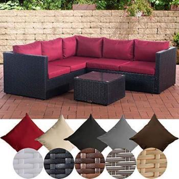CLP Outdoor Lounge “Genero” 5‑Platz‑Set: Rattan‑Sofa, Tisch, Aluminiumgestell, Rubinrot/Schwarz