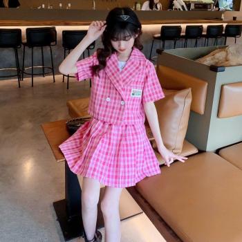 Plaid Blazer and Mini Skirt Set for Girls, 2PCS Summer Wear, Ages 5-13