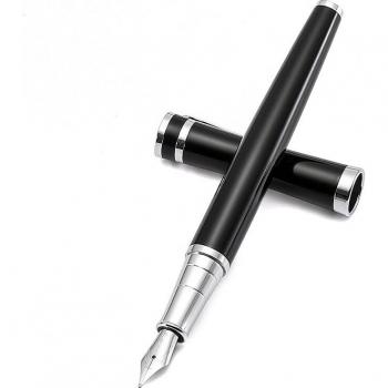 Stylo plume Baoer Picasso, inox, garniture argent, blanc perle et noir, plume moyenne, écriture scolaire F310