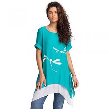 Turquoise Dragonfly Print Asymmetric Tunic Top for Women