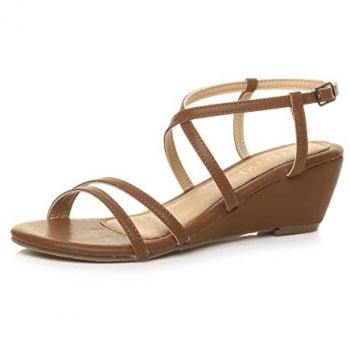 AJVANI Women's Mid Heel Crossed Strap Sandals – Faux Leather Wedges (Tan, Size 8)