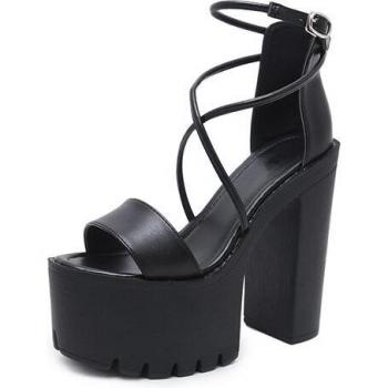 Black Leather Buckle Platform Heels