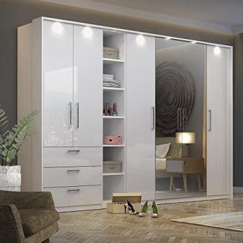 Kleiderschrank OLMO-83 in Weiß mit Hochglanz und Beleuchtung