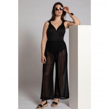 Pantaloni a palazzo con effetto mesh, cintura elastica, Donna, Nero, Taglia: 64/66, Poliestere/Elastan