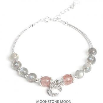 Pulsera de mujer de cuarzo de fresa y piedra lunar en plata 925